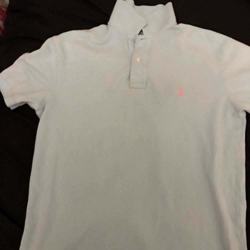 Powder blue medium polo shirt, pink horse, eye popping and attention grabbing